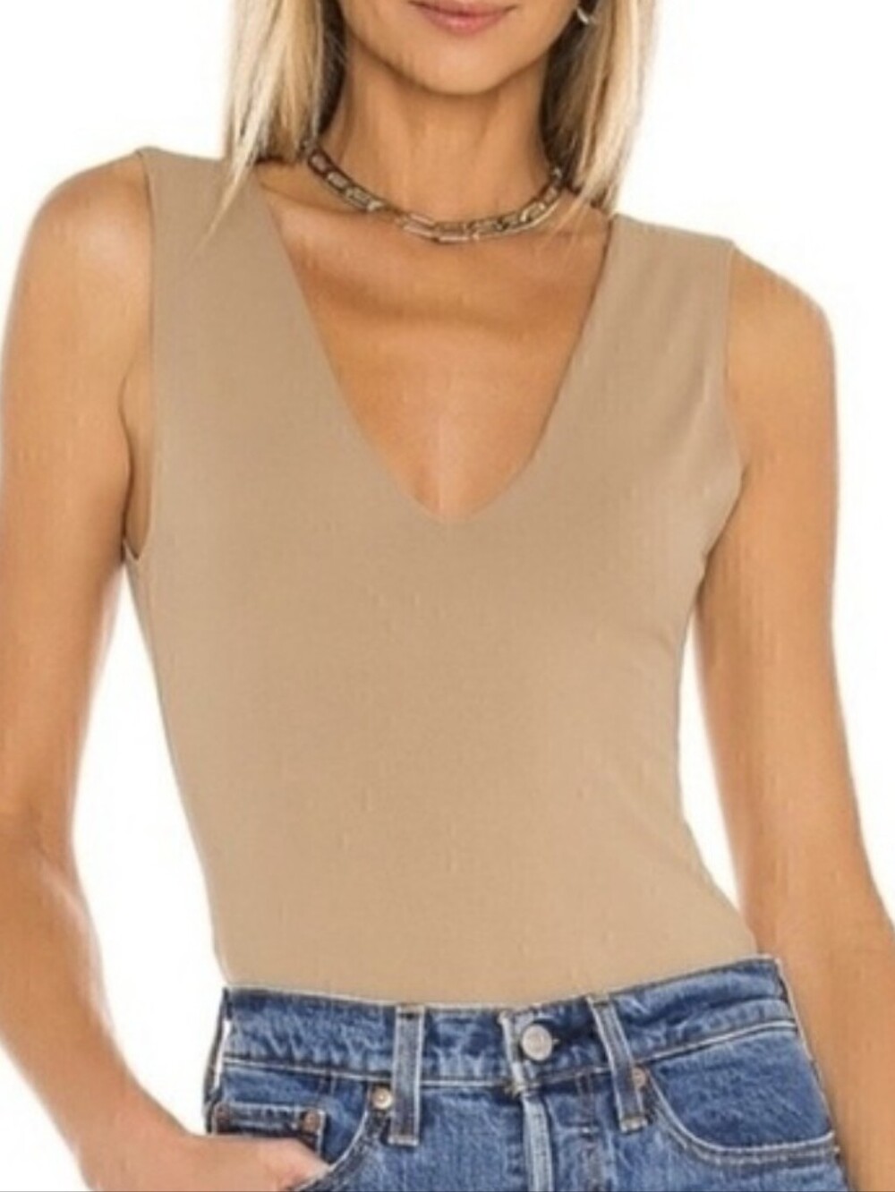 Free People Intimately "Keep It Sleek" V-Neck Bodysuit in Camel / Tan Size L